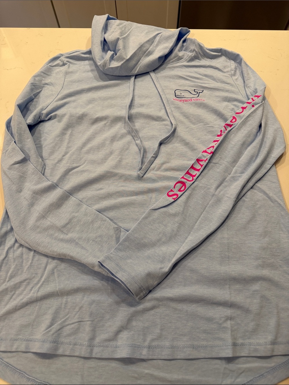 Vineyard Vines Light Blue Hooded Long Sleeve with Pink Script